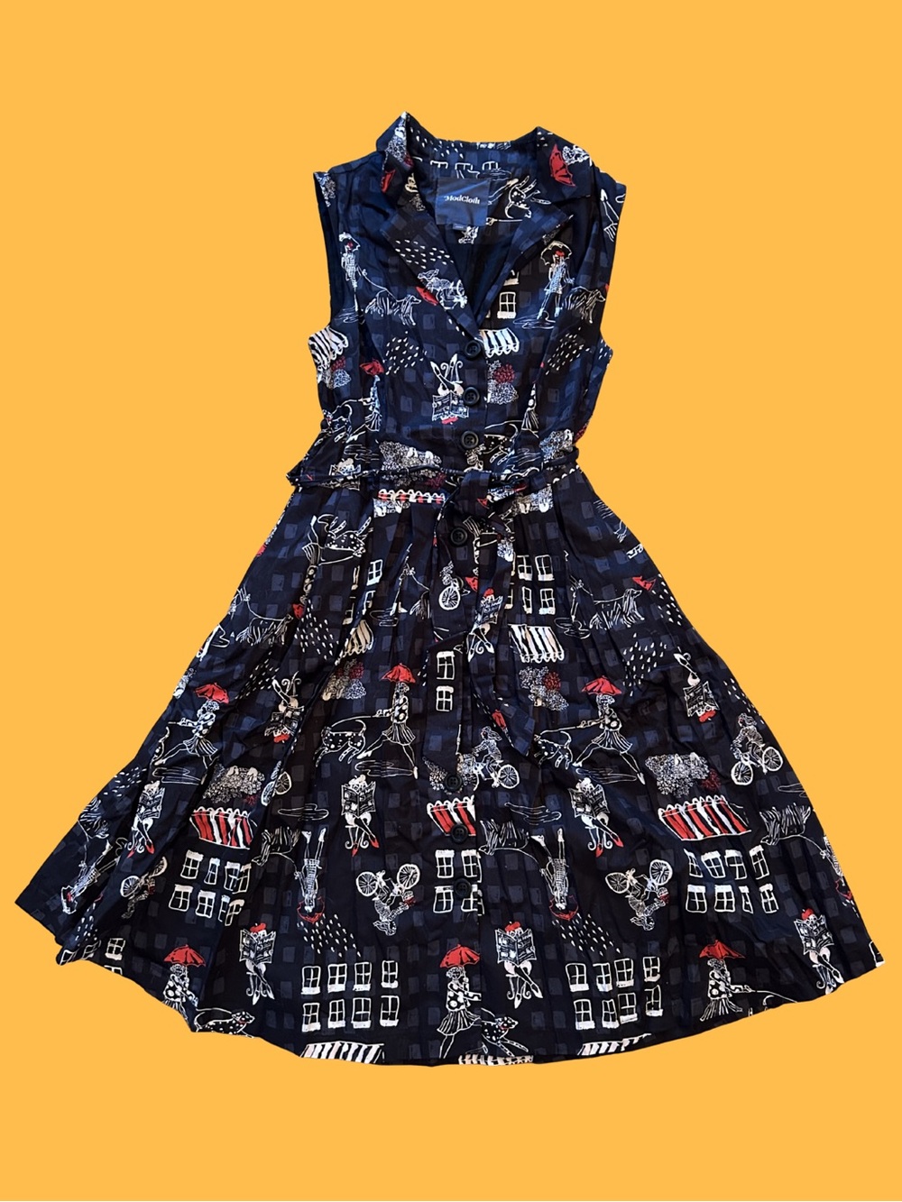 Modcloth Navy Sleeveless Printed Midi Dress with Red Accents